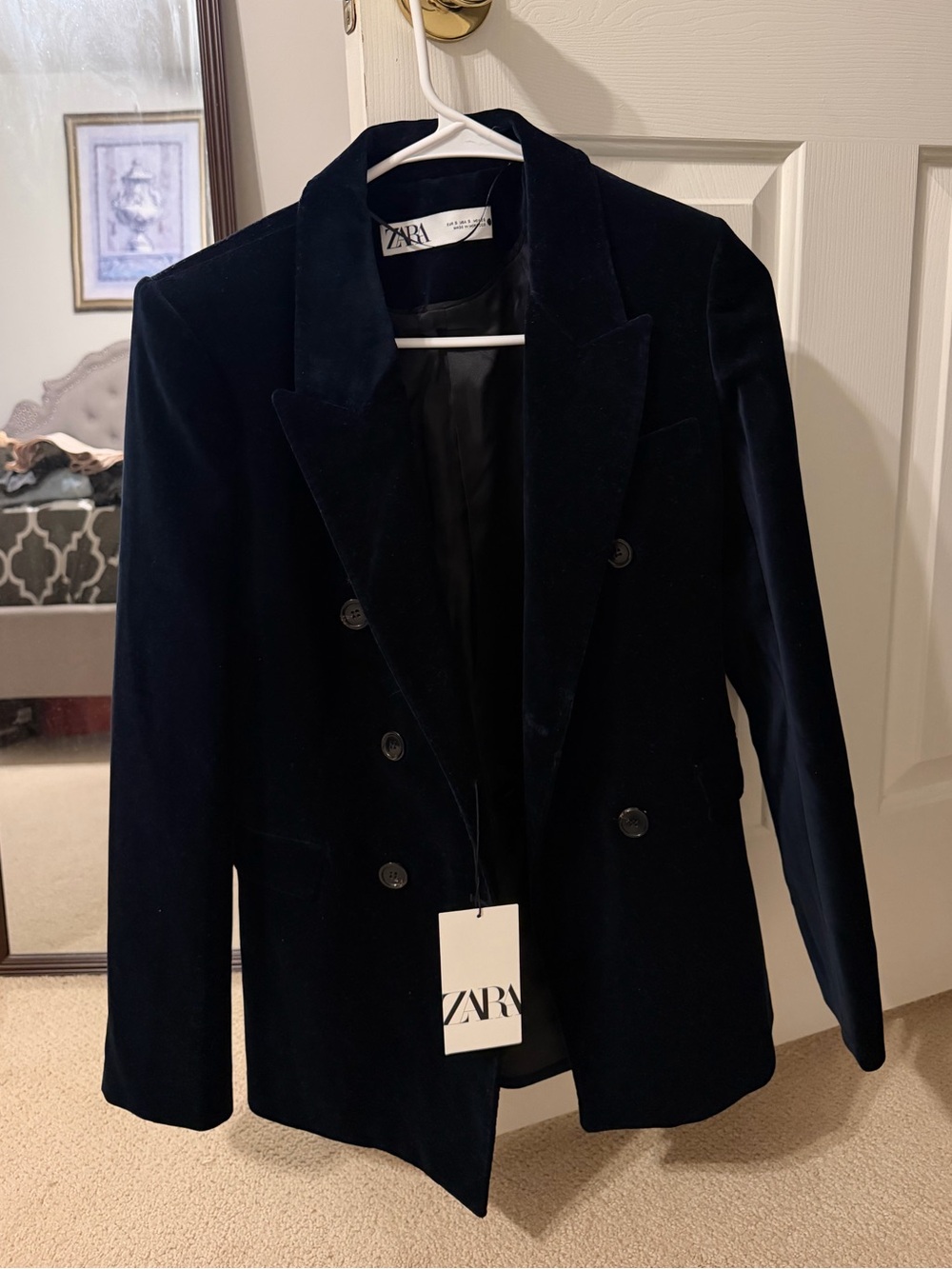 ZARA Dark Navy Velvet Double-Breasted Blazer